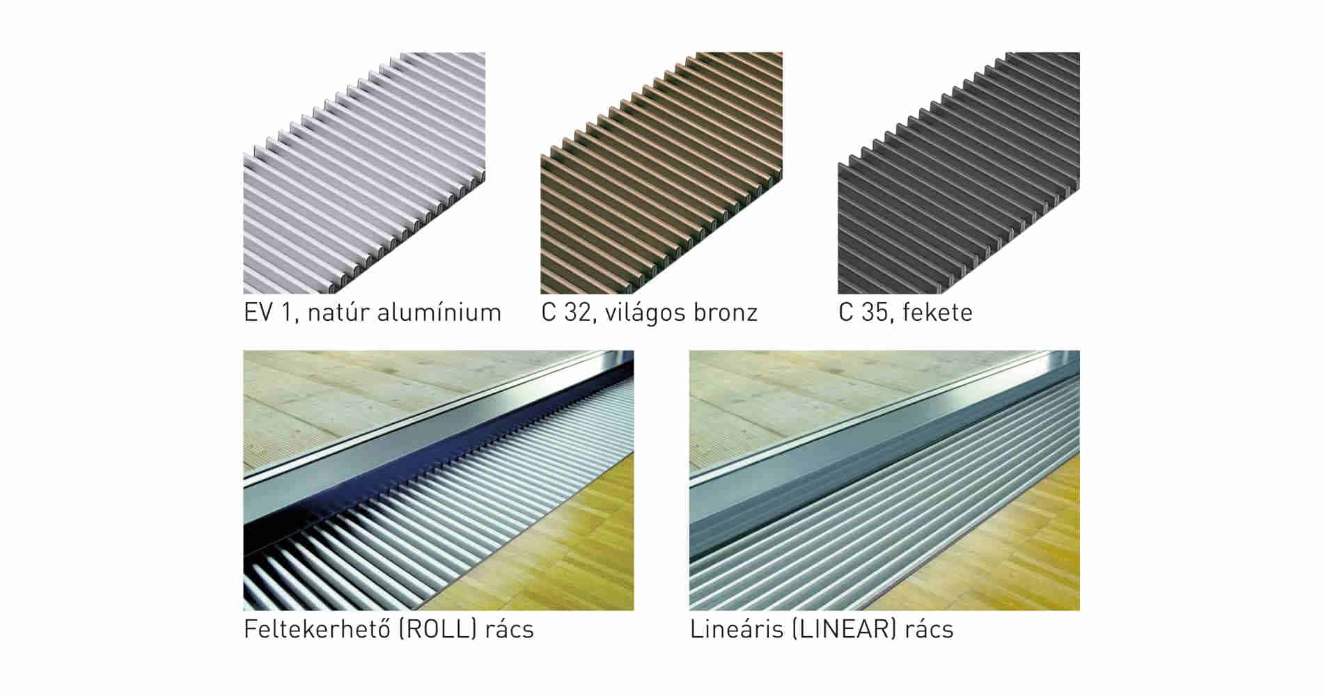 Variotherm padlókonvektor rácsszínek és típusok